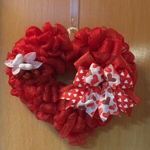 Heart-Shaped Red Mesh Wreath with Bow